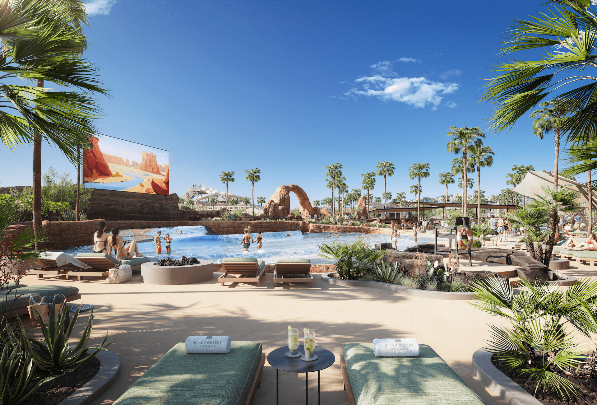 Rendering of the Black Desert Wave Pool, with pool side loungers
