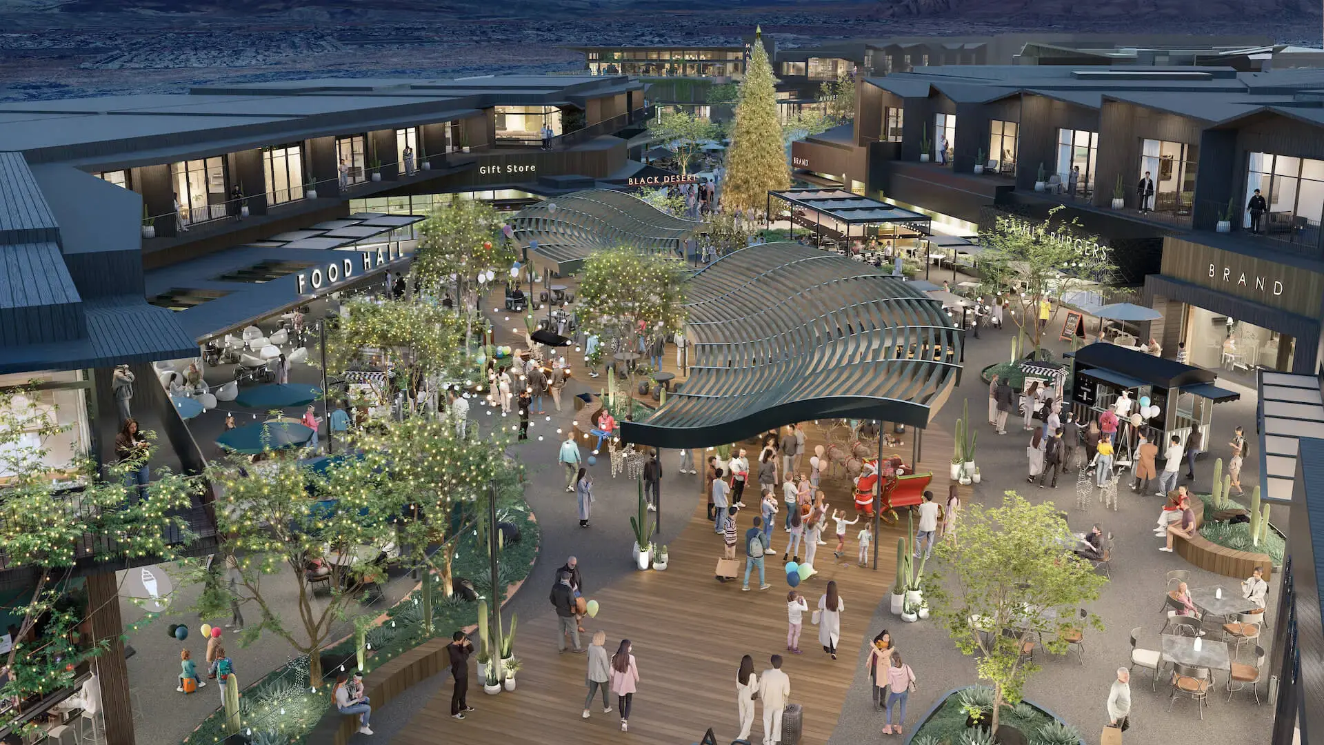 Rendering of communal boardwalk area filled with people and a variety of shops and services