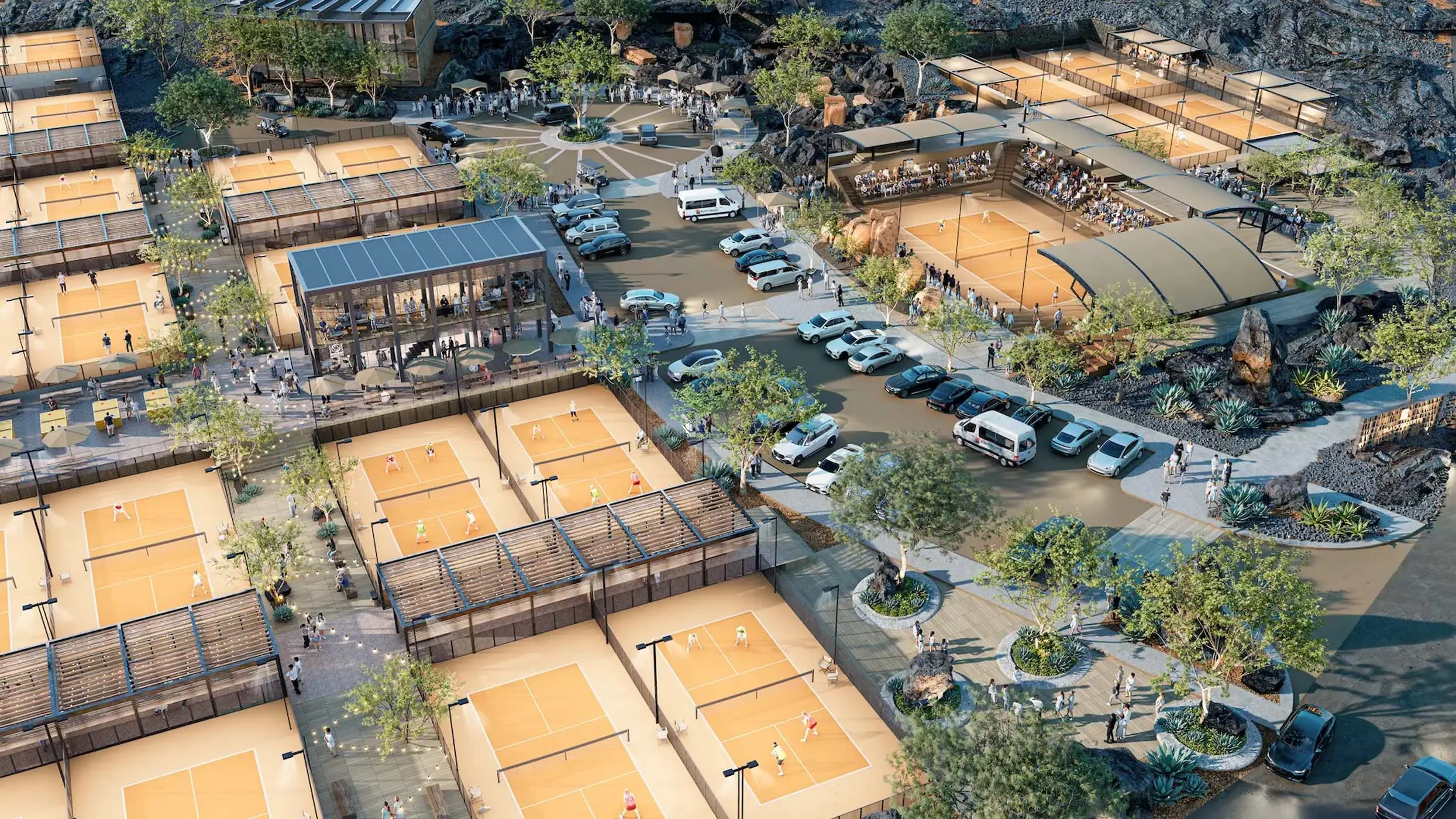 rendering of a large pickleball facility featuring multiple courts