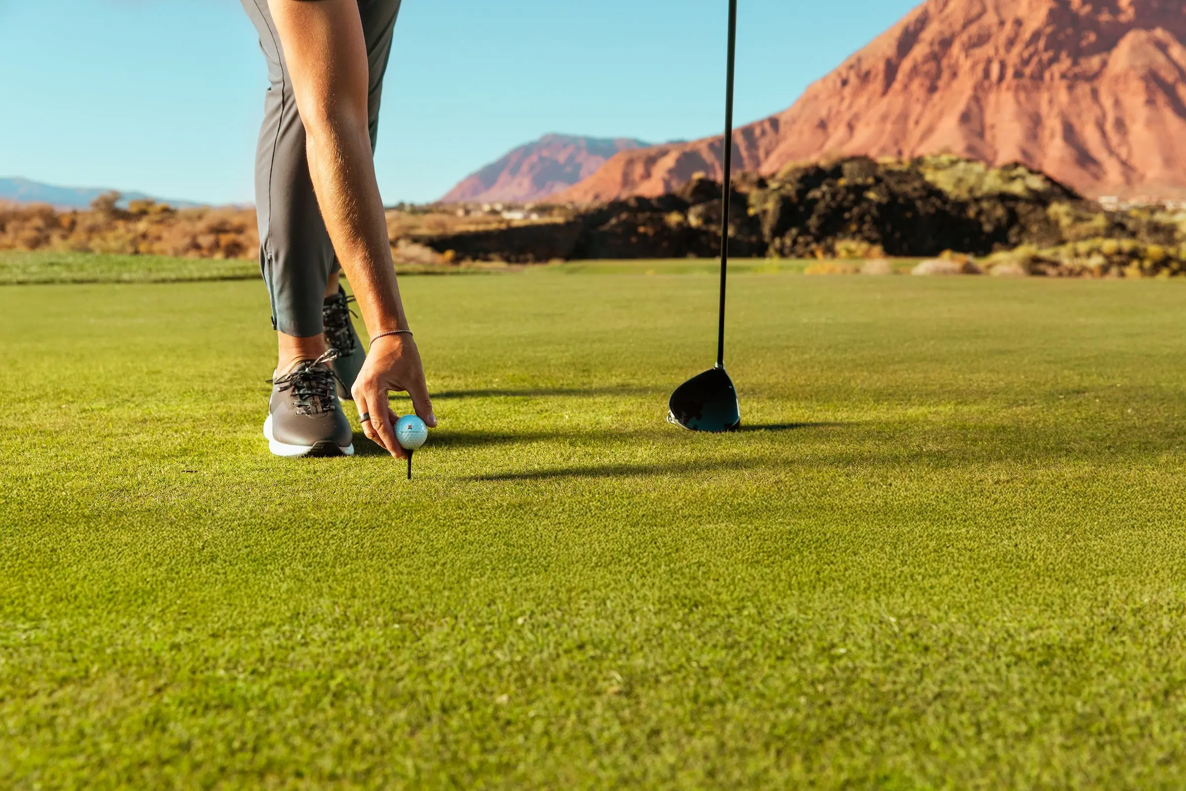 A man placing a golf ball on the green at Black Desert Resort